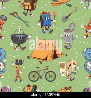 Groovy travel characters in seamless pattern of camping funny items, vector background. Cartoon groovy camper tent and kayak with compass, hiking and camp travel characters of map and backpack pattern Stock Vector