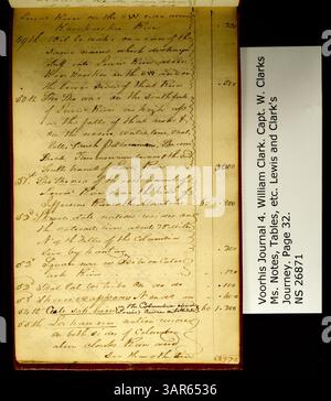 Part of the Clark Family Collection, the Voorhis Journal No. 4 contains detailed scientific observations on flora, fauna, and weather, as well as calculations on latitude and longitude. It holds important notes for Nicholas Biddle’s *Estimate of Western Indians*, documenting Native American interactions during the expedition. Stock Photo