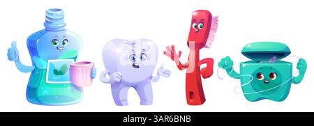 Cute cartoon characters of kids dental hygiene - smiling tooth, toothbrush, paste and mouthwash. Cheerful mascots encouraging children to brush teeth, use floss, rinse mouth. Oral health design. Stock Vector