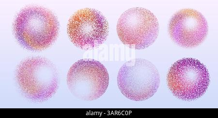Color grain texture globes set isolated on white background. Vector realistic illustration of abstract dot spheres, round pink and purple paint circles, 3d ink spray gradient shapes, modern art symbol Stock Vector