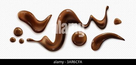 Chocolate sauce splashes and syrup drips on transparent background. Flowing cocoa liquid trails, melted candy drops, gooey fudge swirl. Creamy blobs and sweet spread smears for dessert topping. Stock Vector