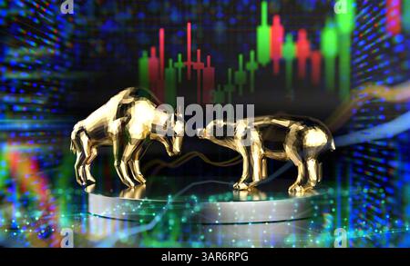 Bull and bear economy concept with 3d rendering bull and bear on stock market chart background Stock Photo