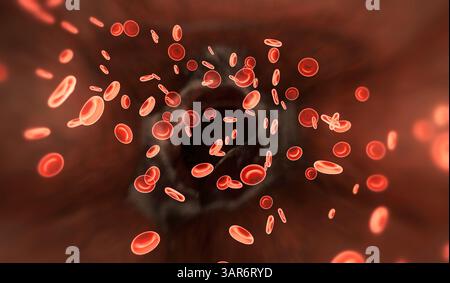 3D rendering red blood cells in an artery, flow inside body, medical ...