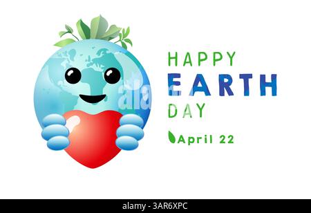 Happy Earth Day 22nd of April graphic congrats with animated 3D planet. Blue earth holding red heart, congratulations concept. Save the tree, forest Stock Vector