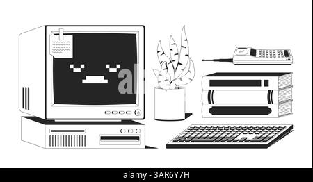 Retro computer keyboard with books, plant, phone 2D line objects set Stock Vector