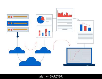 Transfer data analytics from server to laptop 2D illustration concept Stock Vector