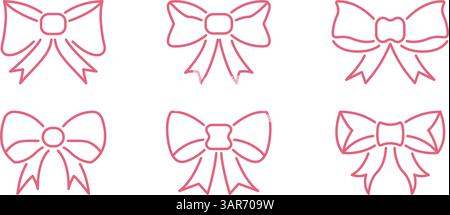 Pink Bow Tie Outline Icon Set. Decorative Ribbon And Gift Wrapping Symbol Collection. Fashion Accessory And Present Decoration. Editable Stroke Stock Vector