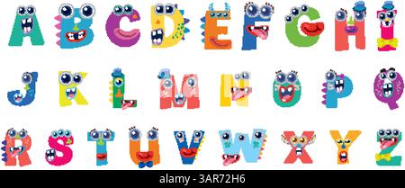 Playful alphabet with monster-themed letters in vibrant colors. Each letter features unique monster characteristics and expressions Stock Vector