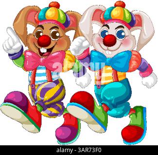 Two vibrant clown rabbits with oversized shoes and bow ties. Bright colors and cheerful expressions in a whimsical vector style Stock Vector