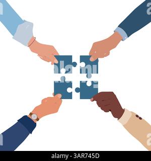 Hands Joining Puzzle Pieces. Team Collaboration and Problem Solving for Business Strategy. Isolated Stock Vector