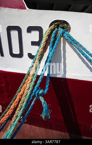 A boat with the number 303 on it. The ropes are blue and orange. The boat is red and white Stock Photo