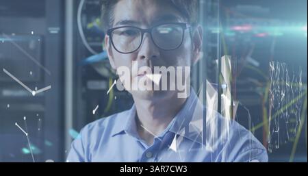 Image of data over portrait of asian male it engineer by computer server Stock Photo