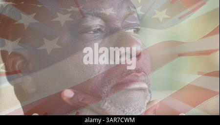 Image of flag of united states of america over portrait af senior african american man Stock Photo