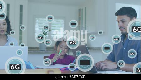 Image of scopes scanning and 6g text over man and woman using laptops at home Stock Photo