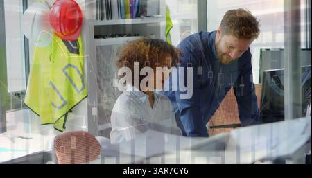 Image of statistics processing over male and female architects discussing Stock Photo