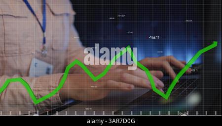 Image of data processing over caucasian female it engineer using laptop by computer server Stock Photo