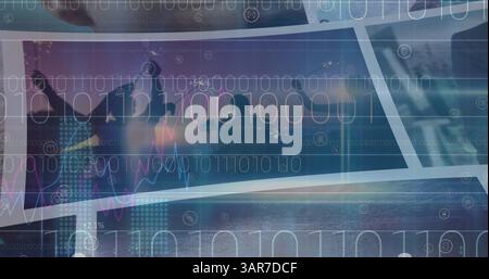 Image of binary coding and data processing on screens over people dancing Stock Photo