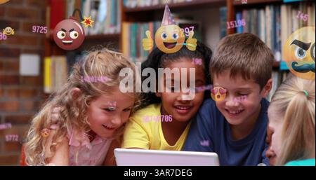 Multiple changing numbers and face emojis floating against students using digital tablet at school Stock Photo