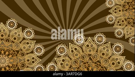 Image of gold patterned circles spinning on blue and beige striped background Stock Photo