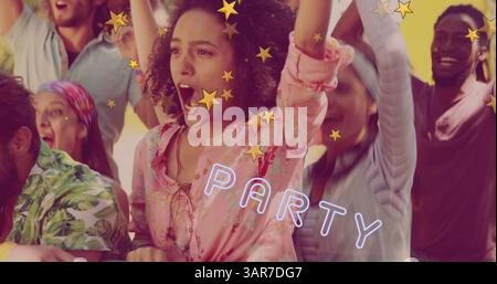 Image of party text over stars and group of diverse smiling friends Stock Photo