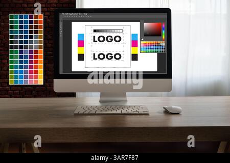 A creative woman sits at her desk using a tablet, drawing digital art for a web design agency with skill and inspiration graphic designer Workplace Wo Stock Photo