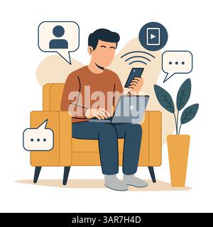 Vector illustration of a man sitting on a sofa using a laptop and smartphone simultaneously. Concept of remote work, multitasking, and online work Stock Vector