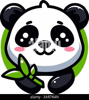Flat Icon Vector Of Cute Cartoon Panda Character with Bamboo. Stock Vector
