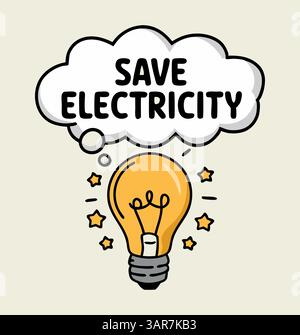 Illustration of a light bulb with a thought bubble that says "Save electricity". Stock Vector