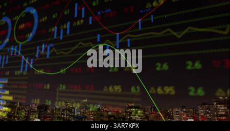 Composite image of statistical data processing against aerial view of cityscape at night Stock Photo