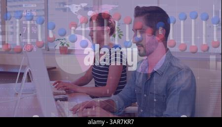 Image of dna strand and statistics, data processing over business people using computer Stock Photo