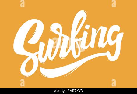 Surfing lettering on yellow background. Stock Vector