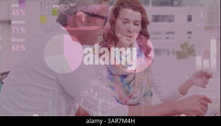 Image of dna strand and statistics, data processing over business people in meeting Stock Photo
