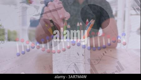 Image of dna strand, statistics and data processing over people taking colour pencils in office Stock Photo