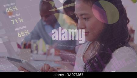 Image of dna strand, statistics and data processing over businesswoman using tablet Stock Photo