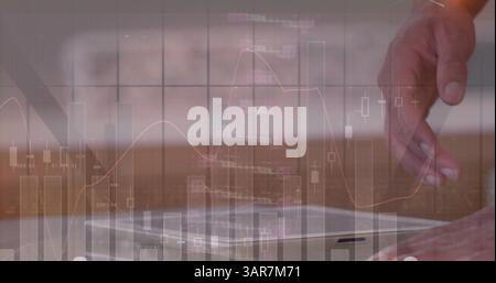 Image of dna strand, statistics and data processing over businessman using tablet Stock Photo