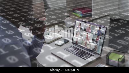Image of binary coding over african american businessman having laptop image call Stock Photo