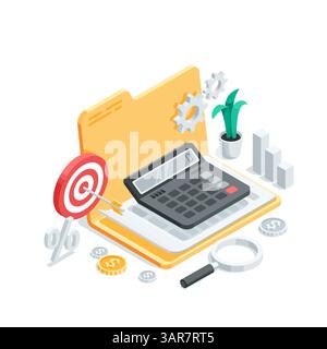 isometric vector calculator over a sheet of paper with magnifying glass and coins, in color on a white background, accounting and finance or tax calcu Stock Vector