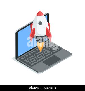 isometric vector laptop and rocket taking off, in color on white background, business startup Stock Vector