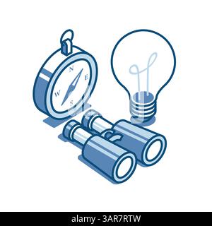 isometric vector binoculars with compass and light bulb linear icon, in color on white background, search business ideas Stock Vector
