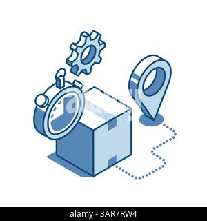 isometric vector box and stopwatch with a gear and a location linear icon, in color on white background, fast and accurate parcel delivery or postal s Stock Vector