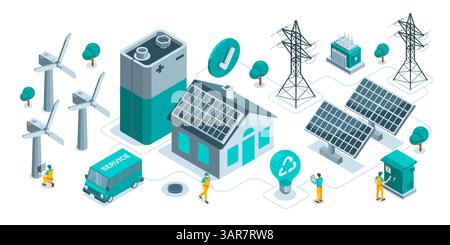 isometric concept of clean energy from the sun and wind in color on a white background, a battery with wind turbines and solar panels at home, green e Stock Vector