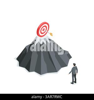 isometric vector target with arrow on top of mountain and businessman man, in color on white background, achieving set goal Stock Vector