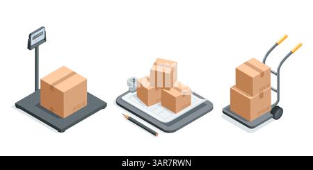 isometric vector warehouse scales with box and tablet with waybill and wheelbarrow, in color on white background, set of design objects on the theme o Stock Vector
