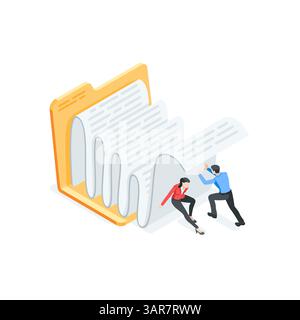 isometric vector business man and woman pushing wave of papers to the open folder, in color on a white background, paper routine or a large amount of Stock Vector