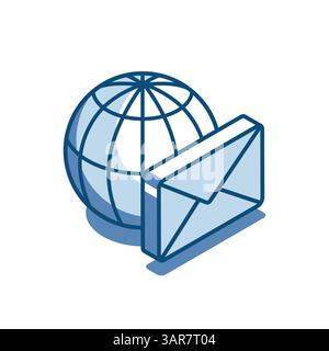 isometric vector globe icon with envelope linear icon, in color isolated on white background, postal service or app Stock Vector