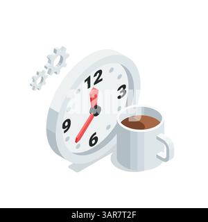 isometric vector cup of coffee and clock, in color on white background, coffee time Stock Vector