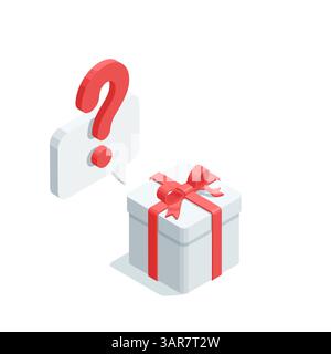 isometric vector question mark over gift box with bow, in color on white background, unknown gift or surprise on sale Stock Vector