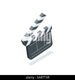 isometric vector movie clapperboard icon, in color on white background, filming clips or video Stock Vector