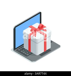 isometric vector laptop and gift, in color on white background, marketing or holiday promotion Stock Vector
