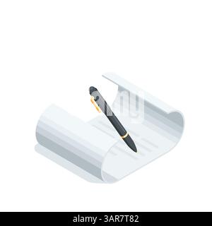 isometric vector document icon and pen, in color on a white background, paper document and signature pen Stock Vector